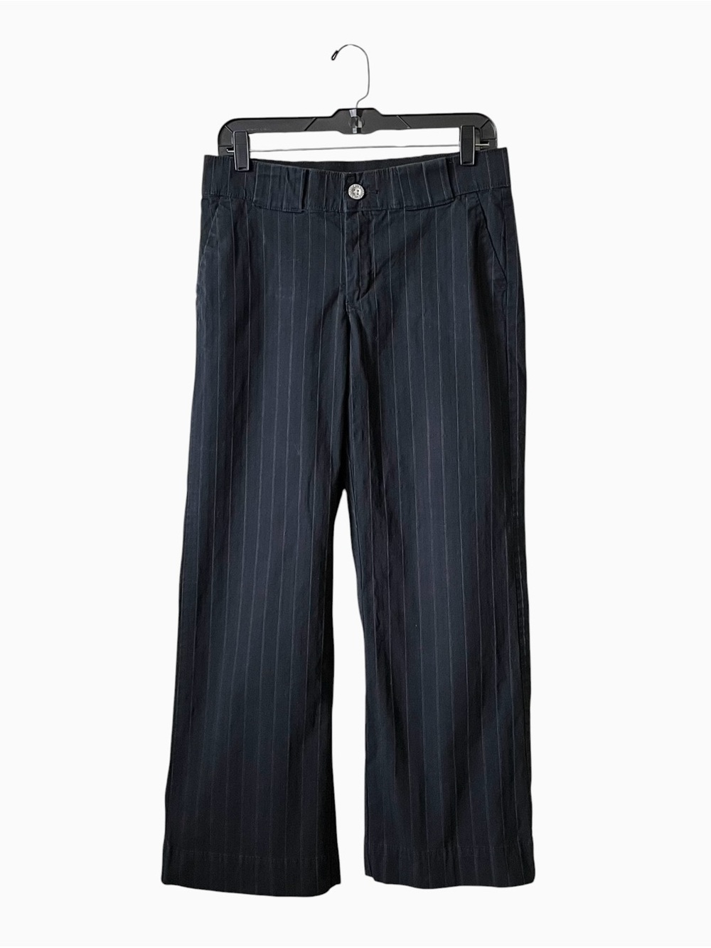 Lee No Gap Waistband Pants Womens Size 8P Black Pinstriped Wide Leg Pockets Work